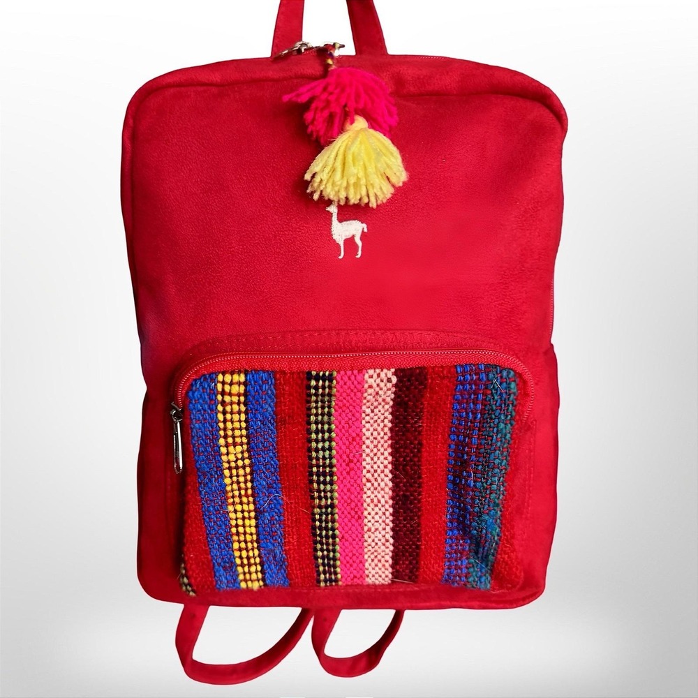 Vintage Puro Cuero Red Llama mini Backpack Beautiful Woven Textile Stripe Boho